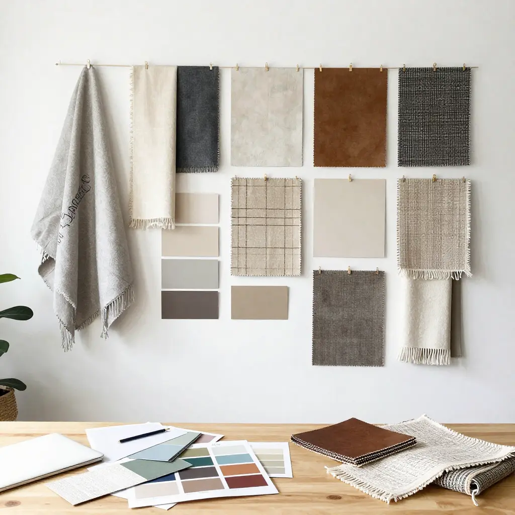 Interior design studio with fabric samples and mood boards